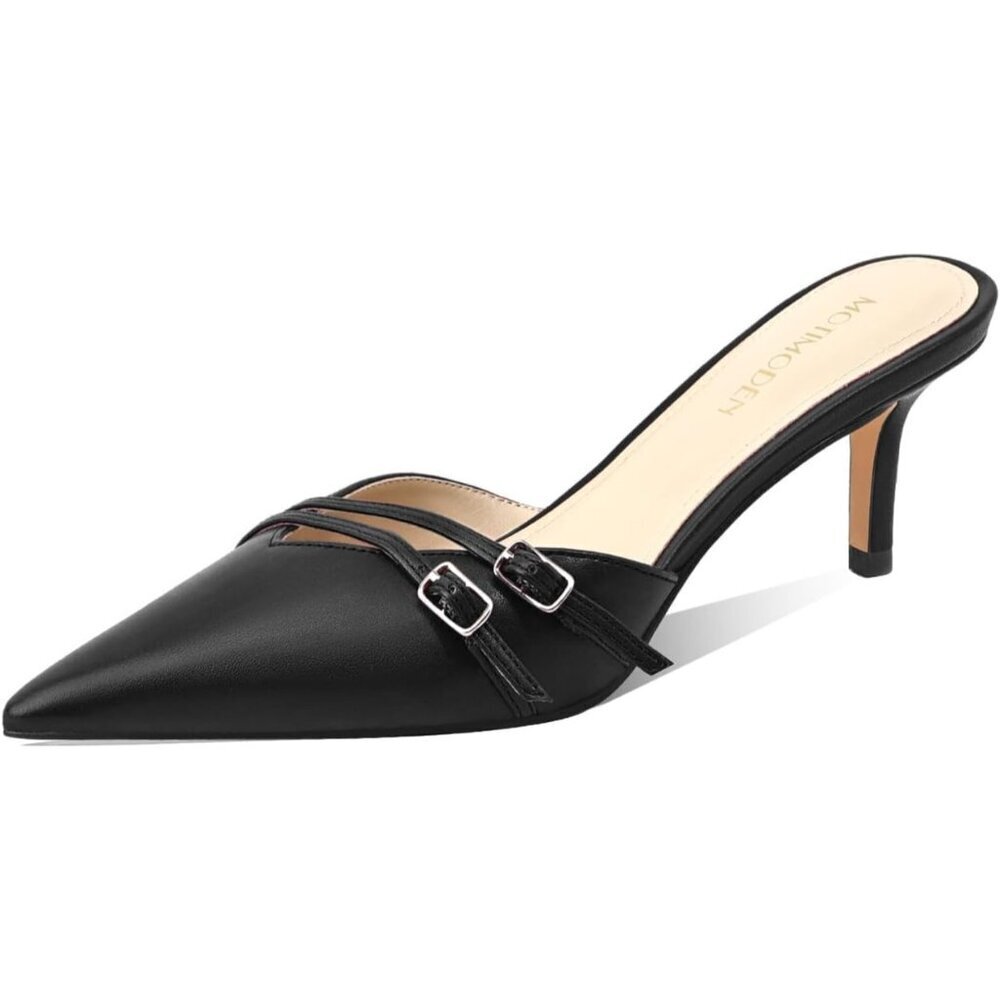 Motimoden Kitten Heels Black Faux Leather Women's Pointed Closed Toe Slip Pumps